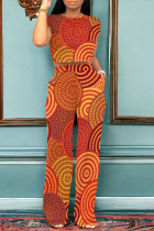 Orange Casual Geometric Print Pocket Contrast O Neck Short Sleeve Two Pieces