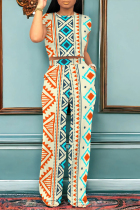 Beige Casual Geometric Print Pocket Contrast O Neck Short Sleeve Two Pieces