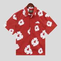 Red Casual Print Buckle Patchwork Shirt Collar Tops
