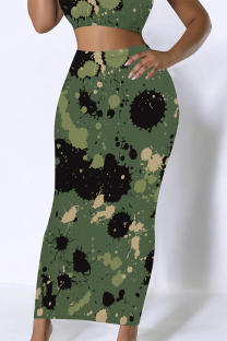 Green Casual Graffiti Print Camouflage Print Contrast Regular High Waist Full Print Bottoms