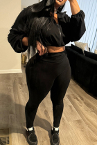Black Casual Solid Color Draw String Patchwork Zipper Zipper Collar Long Sleeve Two Pieces