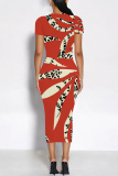 Multicolor Casual Geometric Print Floral Print Contrast O Neck Printed Short Sleeve Dress