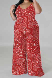 Red Casual Floral Print Contrast V Neck Plus Size Jumpsuits(With a turban)