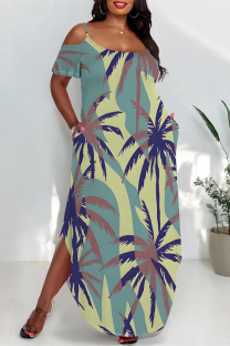 Multicolor Sexy Floral Print Pocket Slit Contrast U Neck Printed Plus Size Dresses