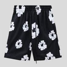 Black Casual Print Draw String Patchwork Loose Mid Waist Straight Full Print Shorts