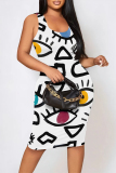 Black And White Sexy Cartoon Print Contrast U Neck Printed Dresses