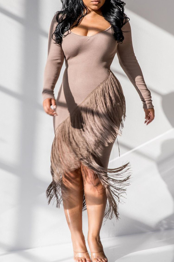 Khaki Sexy Solid Color Fringed Trim Patchwork U Neck Wrapped Skirt Dresses