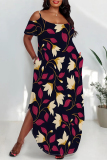 Multicolor Sexy Floral Print Pocket Slit Contrast U Neck Printed Plus Size Dresses