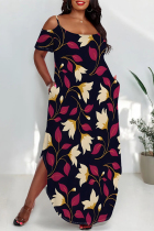 Black Sexy Floral Print Pocket Slit Contrast U Neck Printed Plus Size Dresses