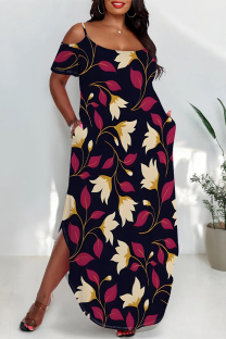 Black Sexy Floral Print Pocket Slit Contrast U Neck Printed Plus Size Dresses