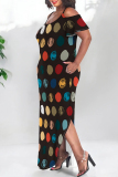 Black Sexy Floral Print Polka Dot Pocket Slit U Neck Printed Plus Size Dresses