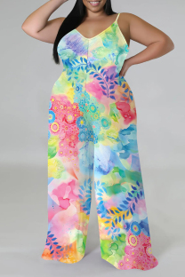 Multicolor Casual Street Floral Print Splashed ink printing Contrast V Neck Plus Size Jumpsuits(With a turban)