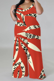 Red Casual Floral Print Contrast V Neck Plus Size Jumpsuits(With a turban)