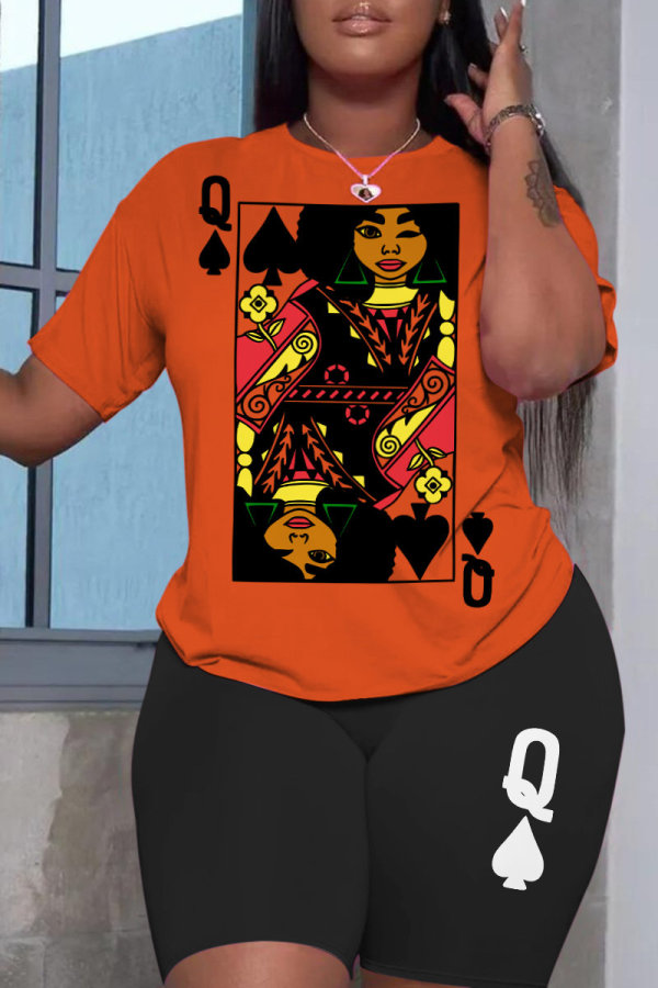 Orange Casual Print Basic O Neck Short Sleeve Two Pieces