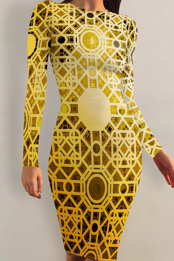 Gold Casual Print Patchwork O Neck Wrapped Skirt Dresses