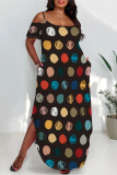 Black Sexy Floral Print Polka Dot Pocket Slit U Neck Printed Plus Size Dresses