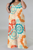 Apricot Casual Street Floral Print Splashed ink printing Contrast V Neck Plus Size Jumpsuits(With a turban)