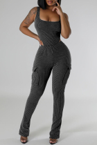 Black Gray Casual Solid Color Pocket Patchwork U Neck Sleeveless Two Pieces