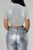 White Casual Solid Color Sequins Buttons Patchwork Turndown Collar Tops