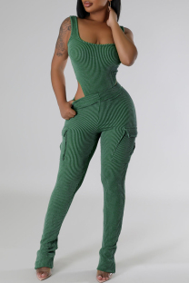 Green Casual Solid Color Pocket Patchwork U Neck Sleeveless Two Pieces