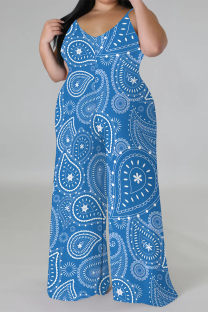 Baby Blue Casual Floral Print Contrast V Neck Plus Size Jumpsuits(With a turban)