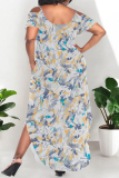 Black Sexy Floral Print Polka Dot Pocket Slit U Neck Printed Plus Size Dresses