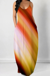 Orange Yellow Casual Gradient Color Pocket Patchwork Backless Spaghetti Strap Sling Dresses