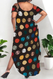 Black Sexy Floral Print Polka Dot Pocket Slit U Neck Printed Plus Size Dresses