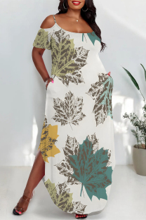 White Sexy Floral Print Polka Dot Pocket Slit U Neck Printed Plus Size Dresses