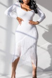 Tibetan Blue Sexy Solid Color Fringed Trim Patchwork U Neck Wrapped Skirt Dresses