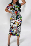 Multicolor Casual Geometric Print Floral Print Contrast O Neck Printed Short Sleeve Dress
