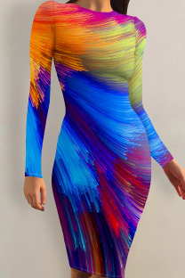 Multicolor Casual Print Patchwork O Neck Wrapped Skirt Dresses