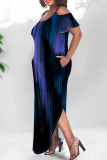 Turquoise Casual Print Pocket Patchwork Backless Slit Spaghetti Strap Straight Plus Size Dresses