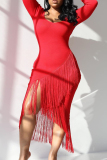 Tibetan Blue Sexy Solid Color Fringed Trim Patchwork U Neck Wrapped Skirt Dresses