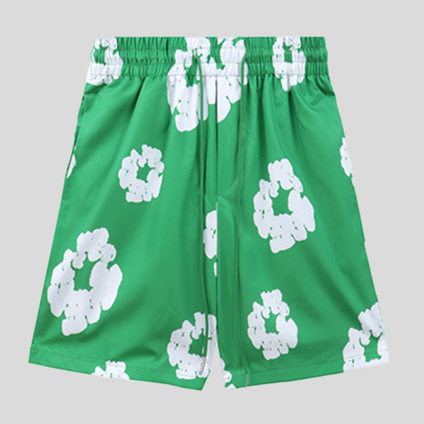 Green Casual Print Draw String Patchwork Loose Mid Waist Straight Full Print Shorts