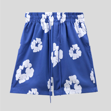 Blue Casual Print Draw String Patchwork Loose Mid Waist Straight Full Print Shorts