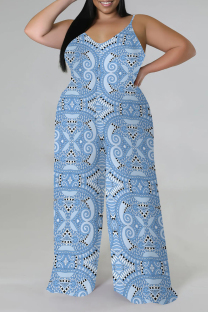 Blue Casual Street Floral Print Splashed ink printing Contrast V Neck Plus Size Jumpsuits(With a turban)