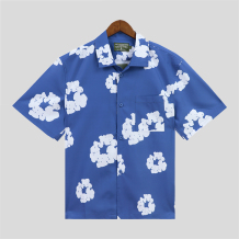 Blue Casual Print Buckle Patchwork Shirt Collar Tops