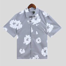 Grey Casual Print Buckle Patchwork Shirt Collar Tops