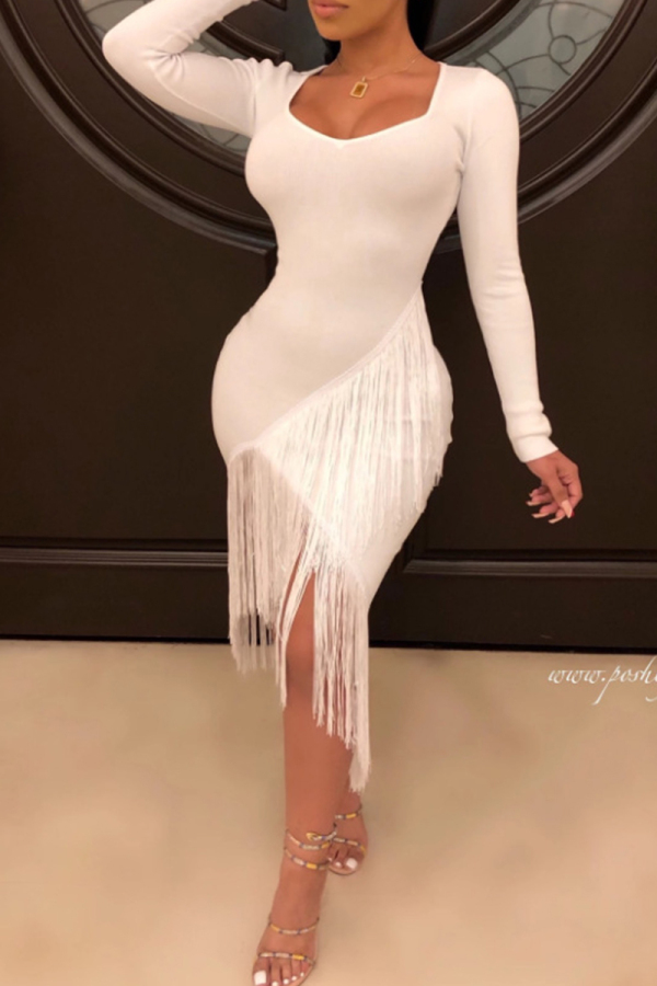 White Sexy Solid Color Fringed Trim Patchwork U Neck Wrapped Skirt Dresses