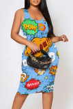 Black And White Sexy Cartoon Print Contrast U Neck Printed Dresses