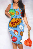 Black And White Sexy Cartoon Print Contrast U Neck Printed Dresses