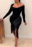 Tibetan Blue Sexy Solid Color Fringed Trim Patchwork U Neck Wrapped Skirt Dresses