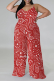 Red Casual Floral Print Contrast V Neck Plus Size Jumpsuits(With a turban)