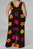 Red Casual Floral Print Contrast V Neck Plus Size Jumpsuits(With a turban)