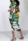 Multicolor Casual Geometric Print Floral Print Contrast O Neck Printed Short Sleeve Dress