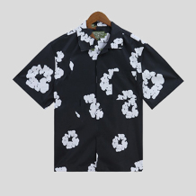 Black Casual Print Buckle Patchwork Shirt Collar Tops