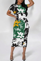 Multicolor Casual Geometric Print Floral Print Contrast O Neck Printed Short Sleeve Dress