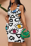 Black And White Sexy Cartoon Print Contrast U Neck Printed Dresses