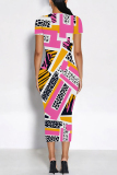 Multicolor Casual Geometric Print Floral Print Contrast O Neck Printed Short Sleeve Dress